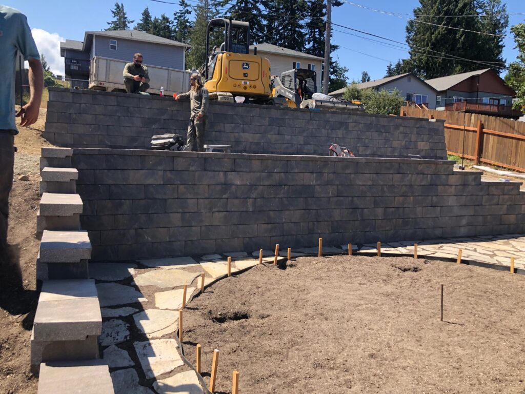 stone retaining wall in process